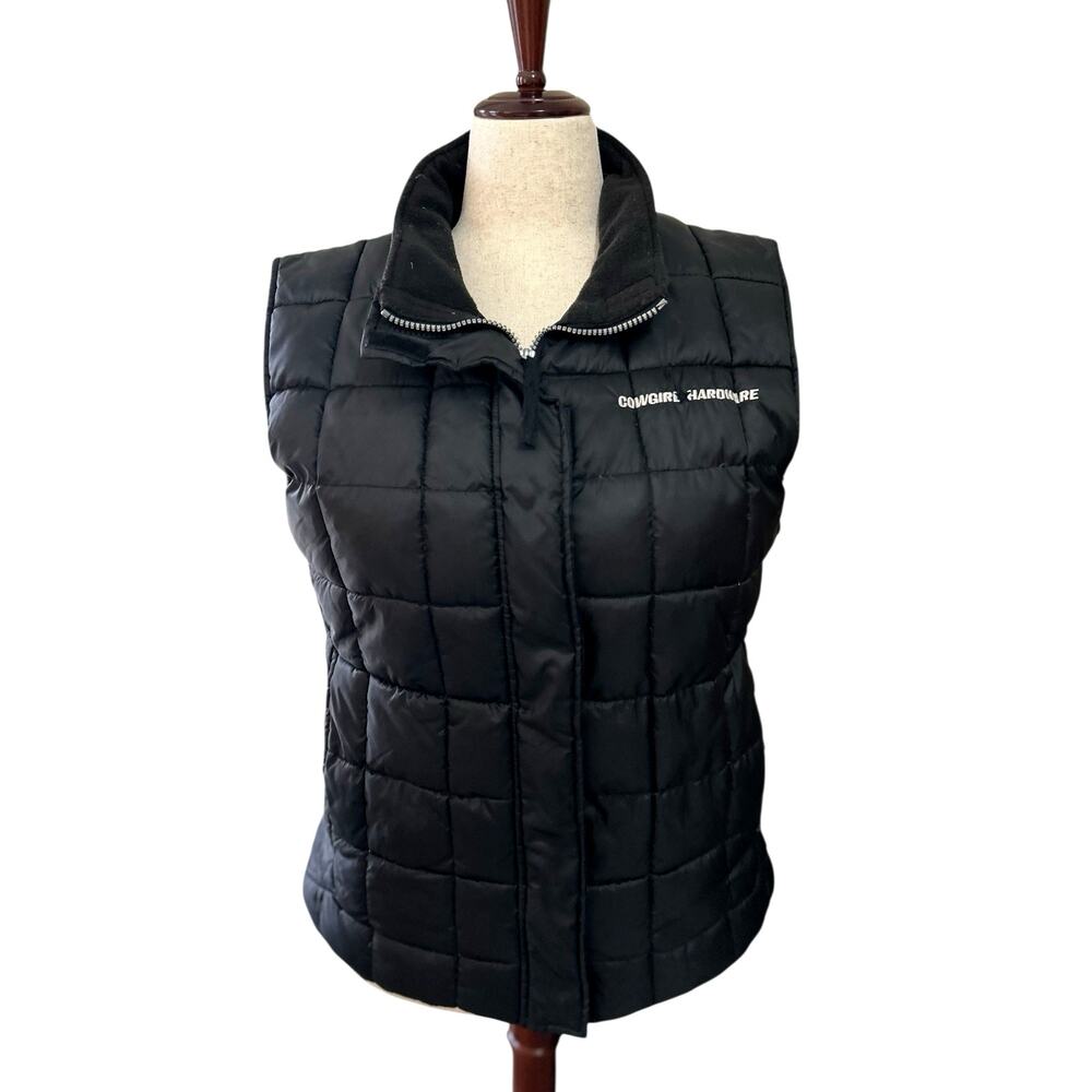 Cowgirl Hardware Puffer Vest Quilted Down Black Zip Logo Size XL Western Moto